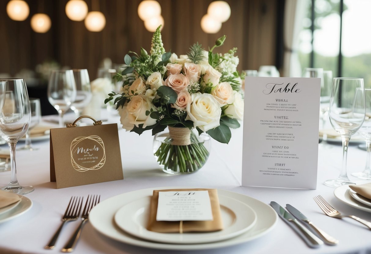 A table set with wedding favors, a bouquet of flowers, and a schedule of events