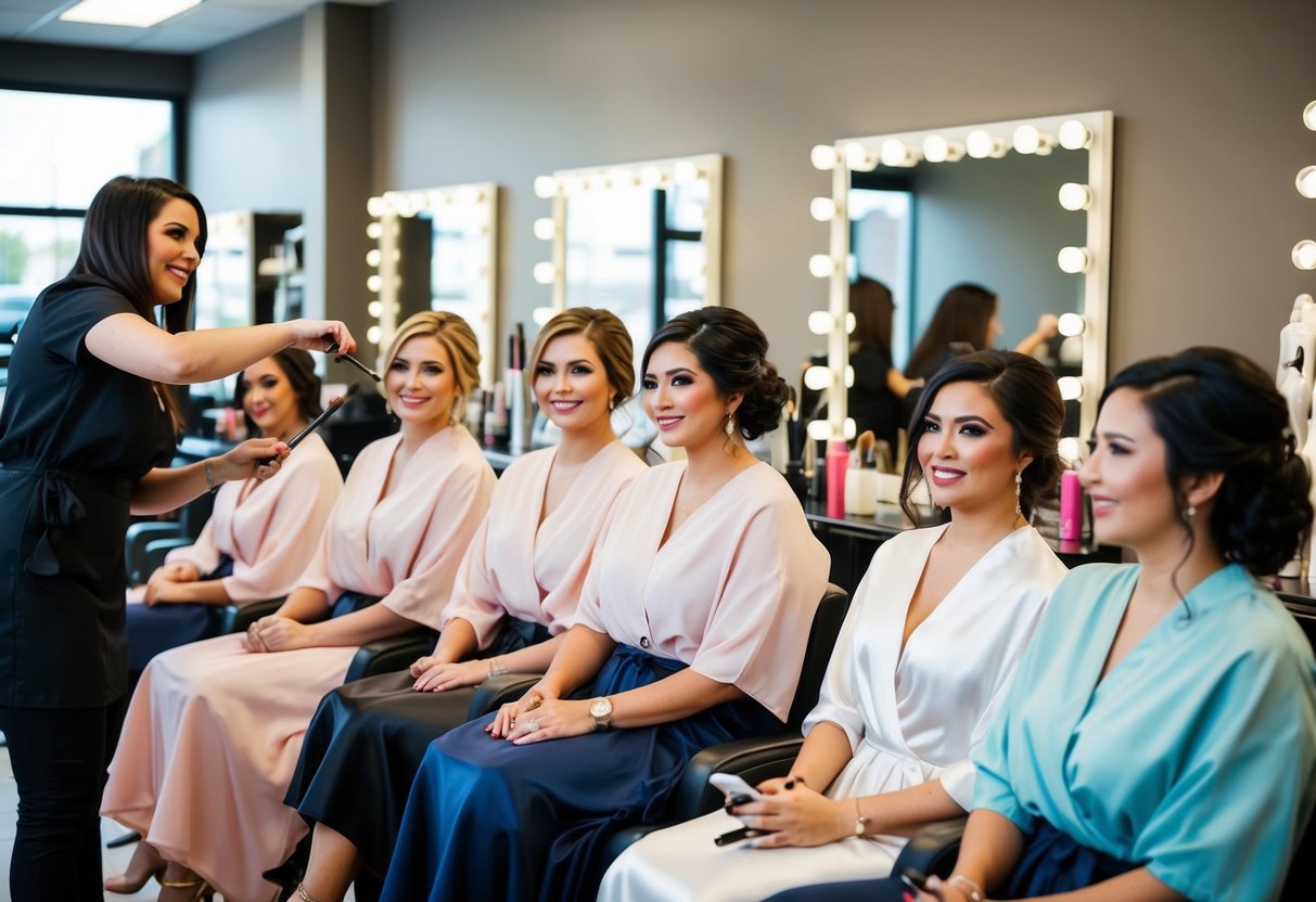 A group of bridesmaids sitting in a salon, getting their hair and makeup done by professional stylists
