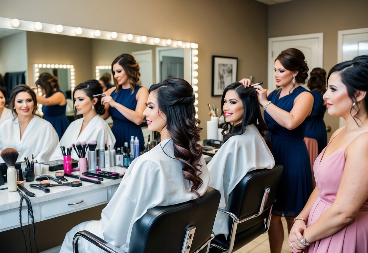 A group of bridesmaids sit in a salon chair, getting their hair and makeup done by professional stylists. Brushes, hair tools, and cosmetics are spread out on the counter