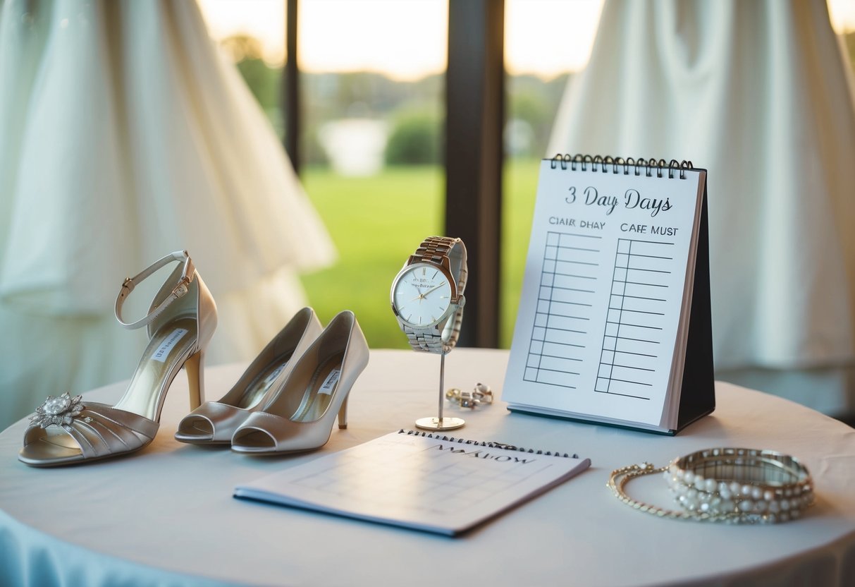 A table with wedding items: dress, shoes, jewelry, and a checklist. A calendar showing 3 days before the wedding