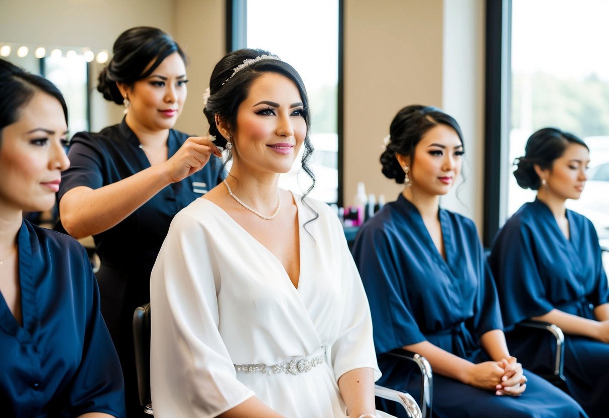 A bride and bridesmaids sit in a salon as a stylist works on hair and makeup. The bride looks pleased while the bridesmaids appear uncomfortable