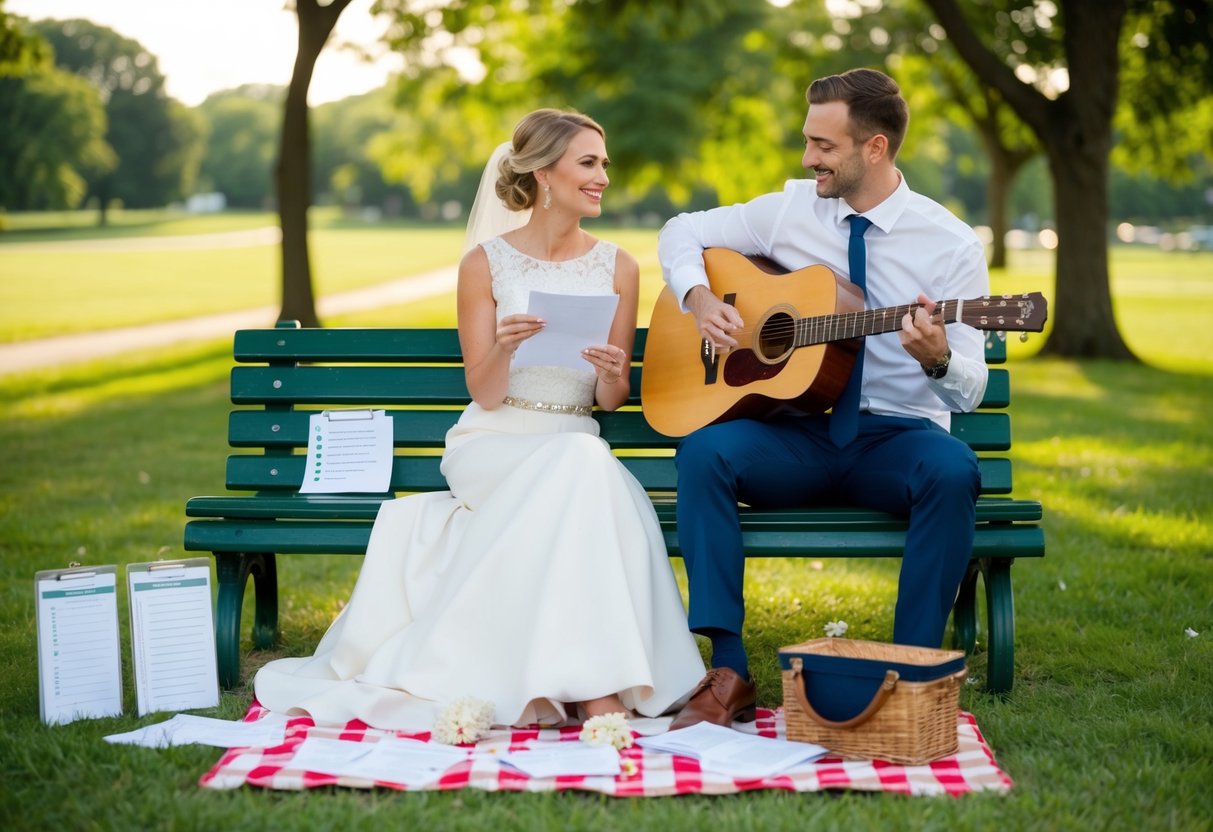 A couple sits on a park bench, surrounded by scattered wedding planning notes and a picnic spread. The bride-to-be holds a checklist while the groom-to-be strums a guitar