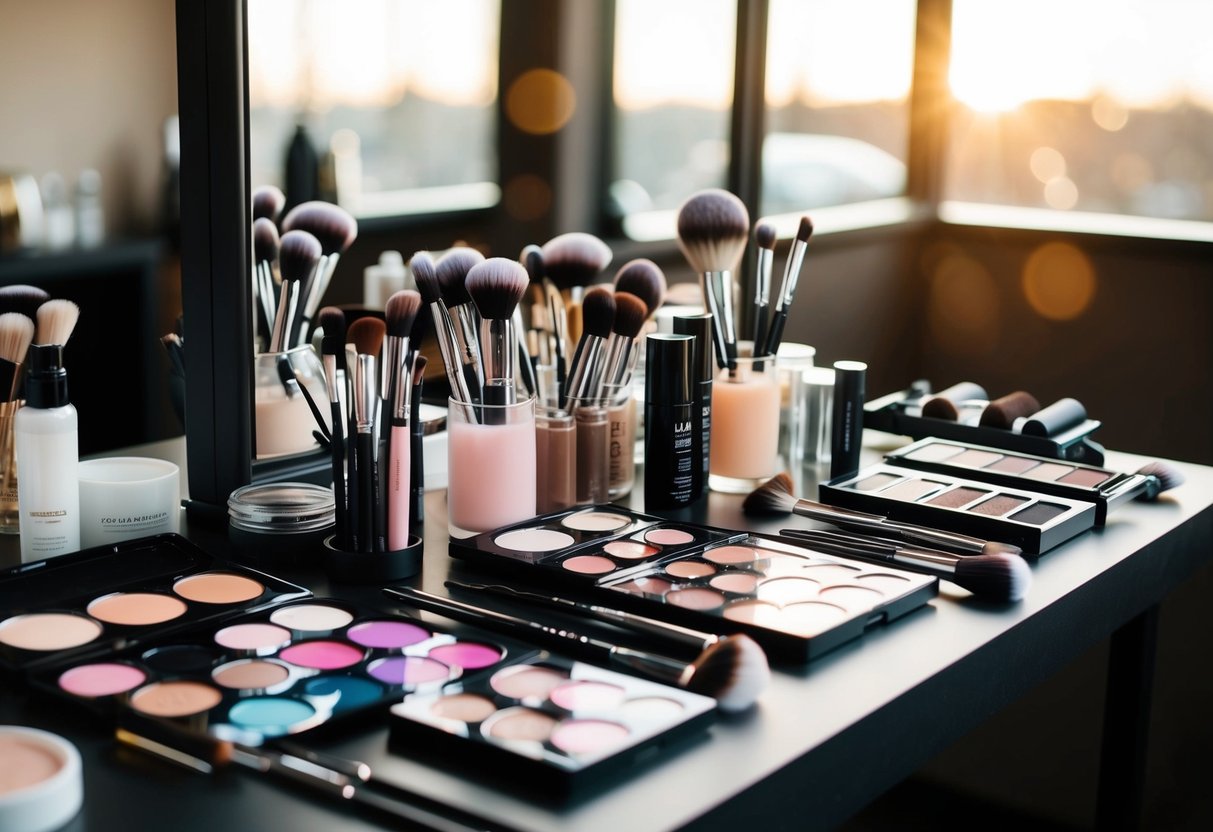 A makeup artist's table with various brushes, palettes, and products laid out neatly for bridal makeup application