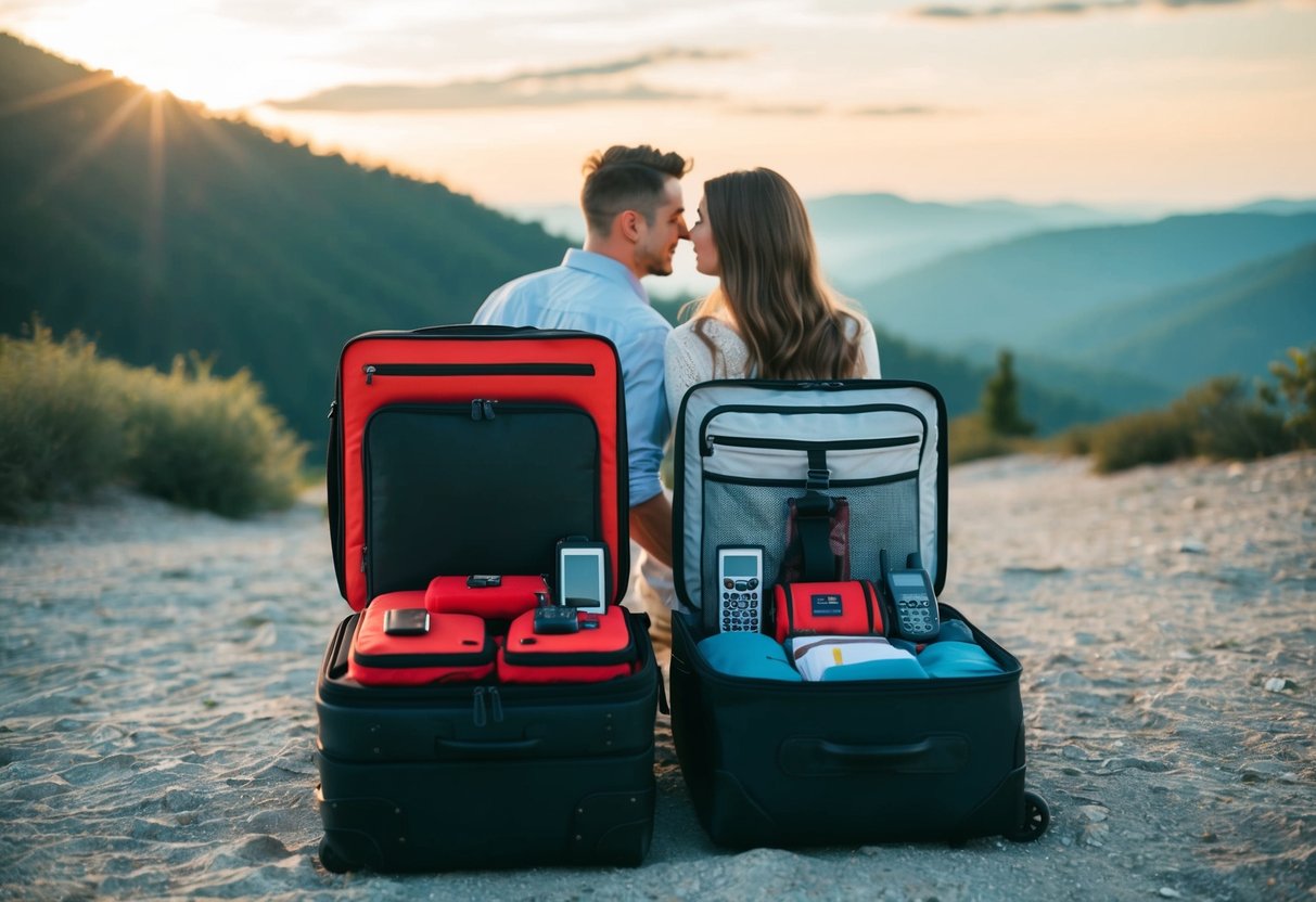 A couple packing a suitcase with emergency supplies and communication devices for a wedding trip