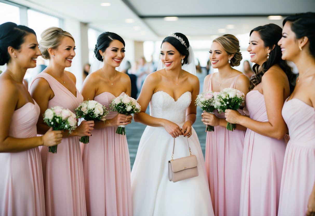 A group of bridesmaids holding their dresses and makeup while a woman reaches for her purse