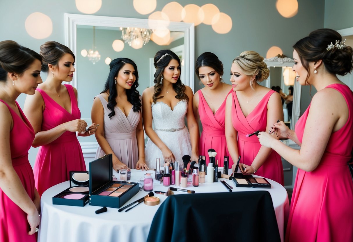 A group of bridesmaids gather around a table, discussing dress options while a makeup artist prepares their cosmetics