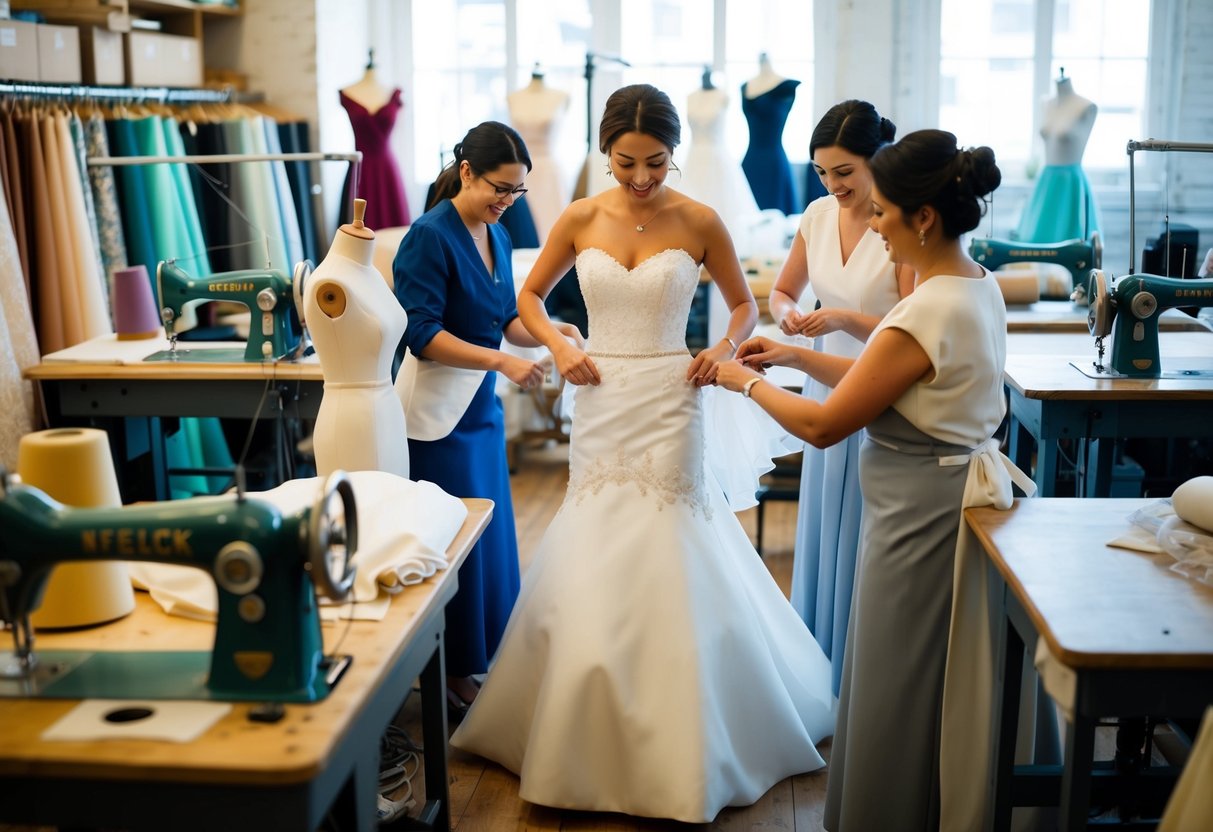 A wedding dress being carefully crafted and fitted by a team of seamstresses in a bustling atelier filled with bolts of fabric and sewing machines