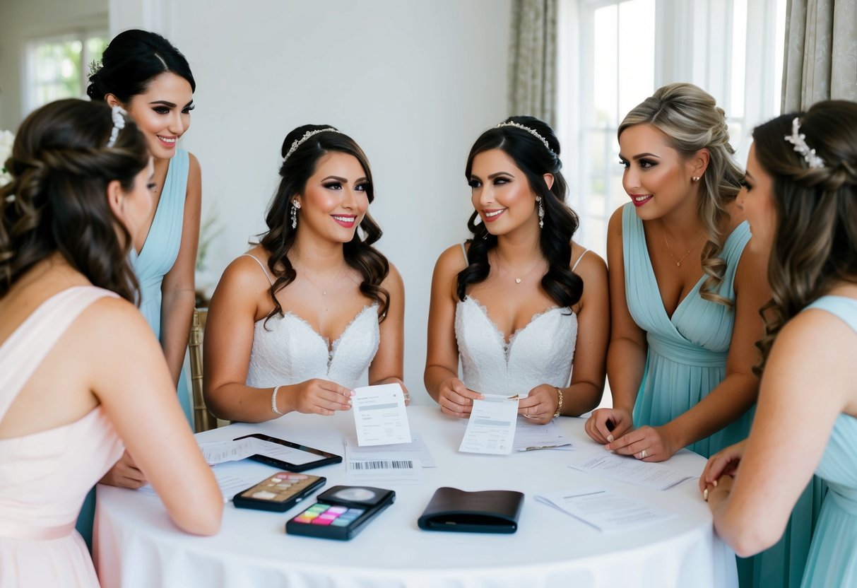 A bride and bridesmaids gather around a table with dresses, makeup, and payment receipts. The bride and bridesmaids discuss who will cover the costs