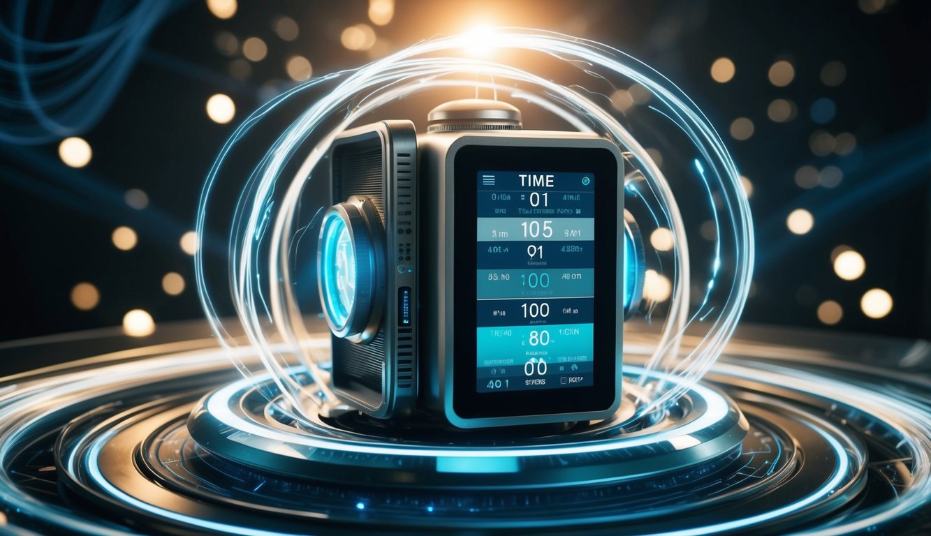 A futuristic time-travel device surrounded by swirling energy, with a digital display showing different time periods