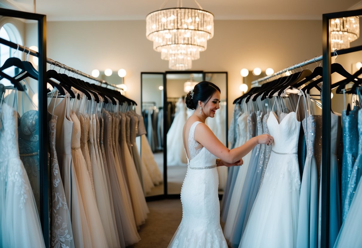 A bride browsing through racks of wedding dresses in a boutique, surrounded by mirrors and soft lighting
