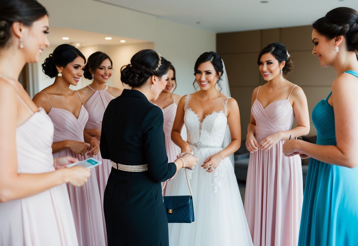 A group of bridesmaids trying on dresses while a makeup artist applies makeup. A woman reaches for her purse to pay