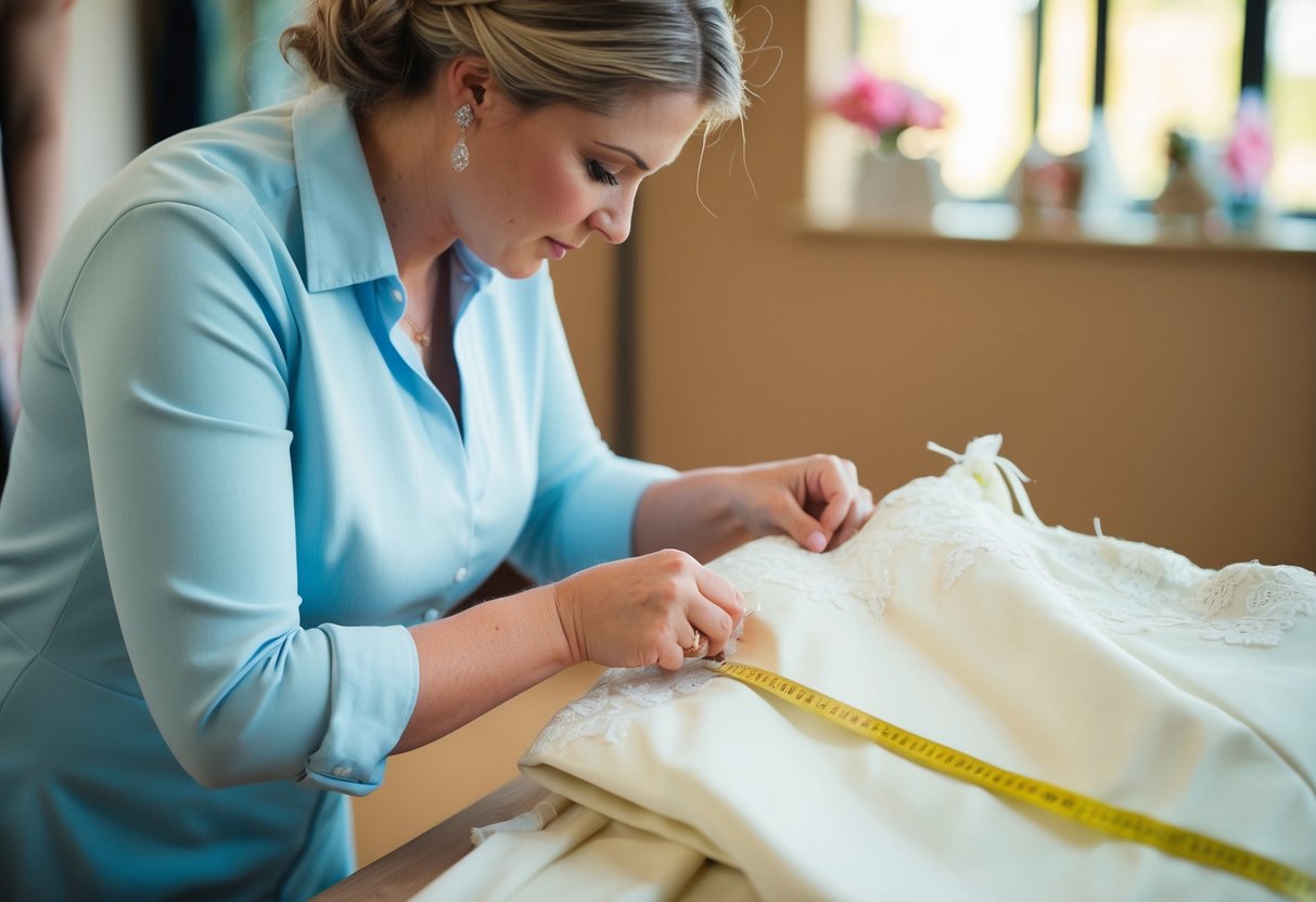 A seamstress carefully altering a wedding dress with pins and measuring tape
