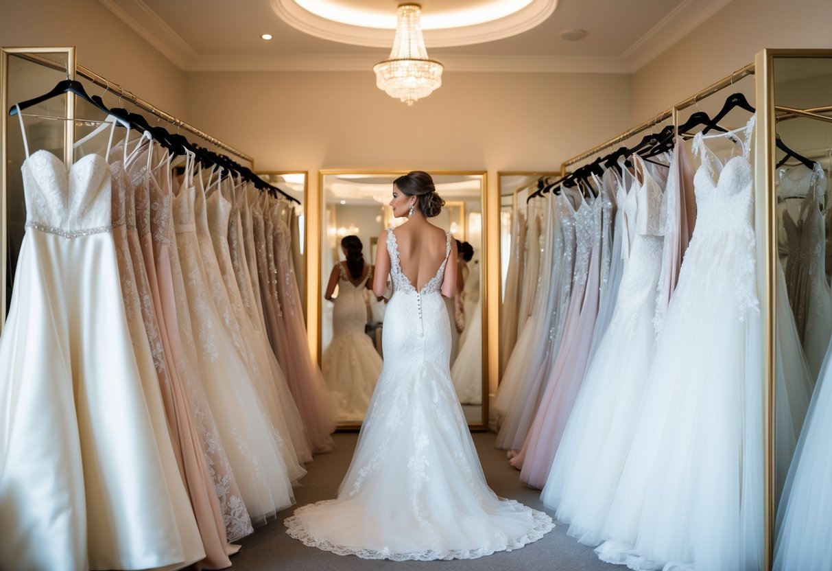 A bride-to-be standing in front of a row of elegant wedding dresses, surrounded by mirrors and soft lighting, as she carefully selects the perfect gown