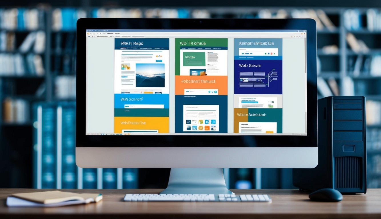 A computer screen displaying various web pages from different time periods, with a server in the background storing archived data