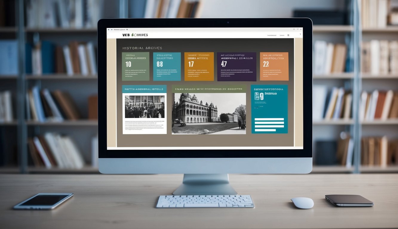 A modern computer screen displaying various historical web archives for different audiences