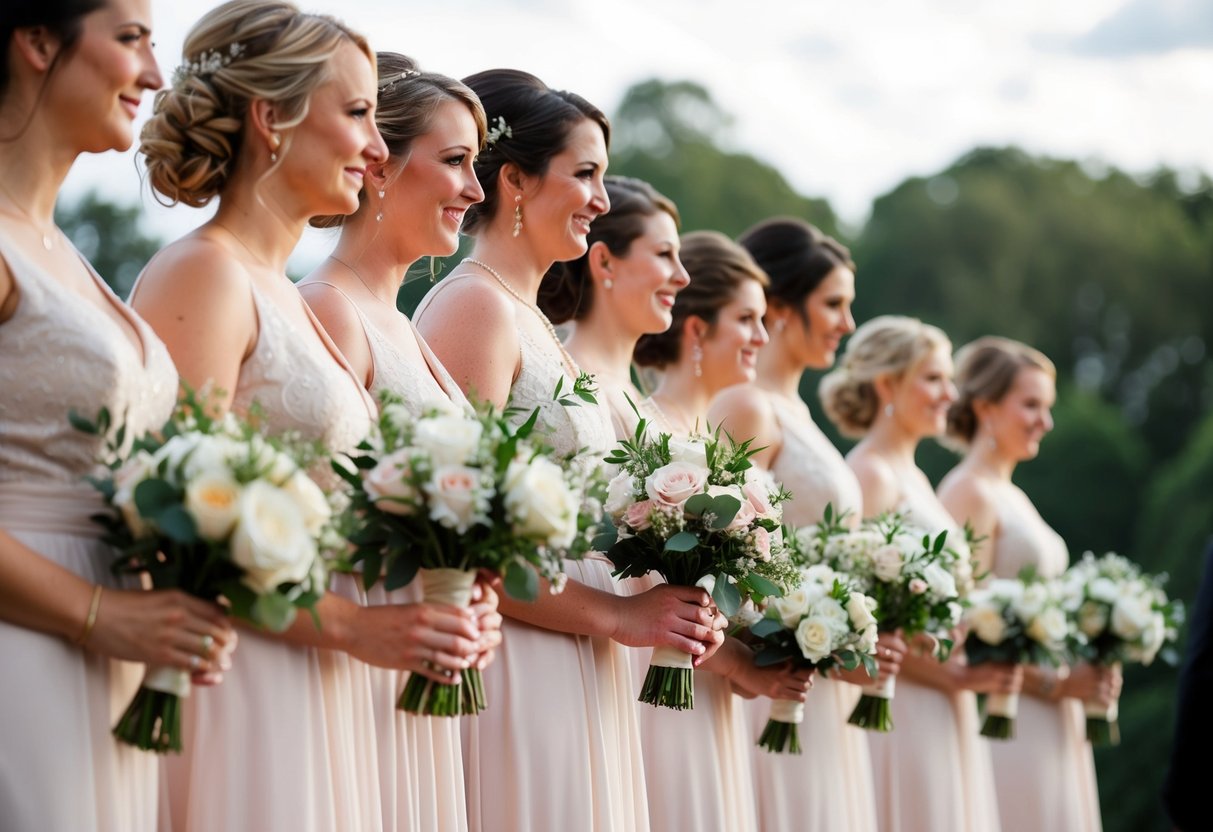 Bridesmaids holding bouquets in a line at a wedding ceremony