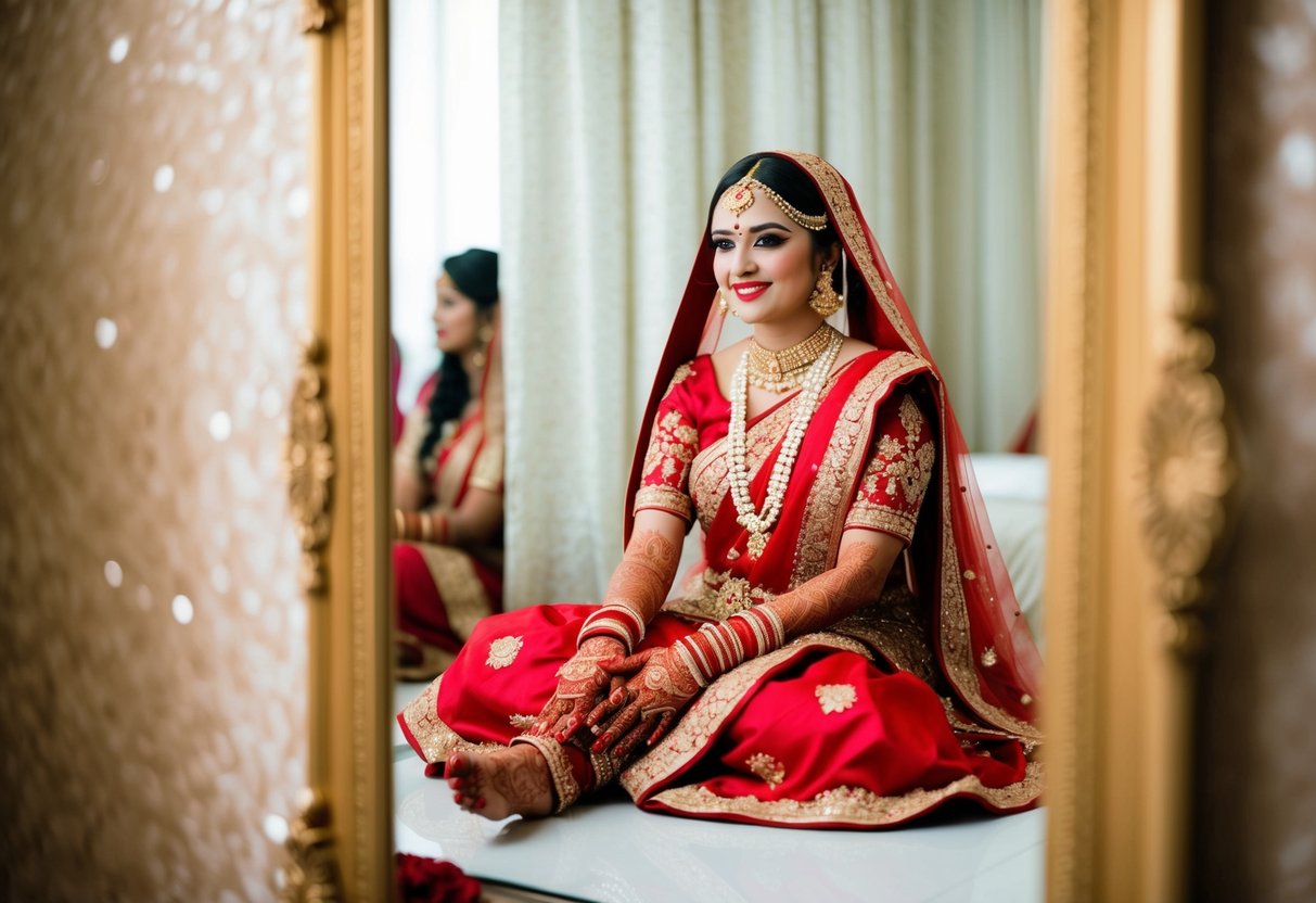 A bride sitting in front of a mirror, wearing a red and gold traditional bridal outfit, with intricate henna designs on her hands and feet, and adorned with elaborate jewelry