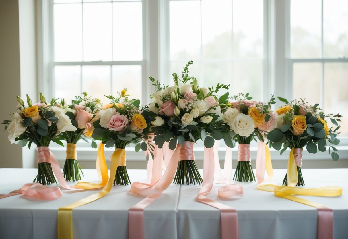 Bridesmaids' bouquets arranged on a table, varying in size and color, with delicate ribbons cascading down