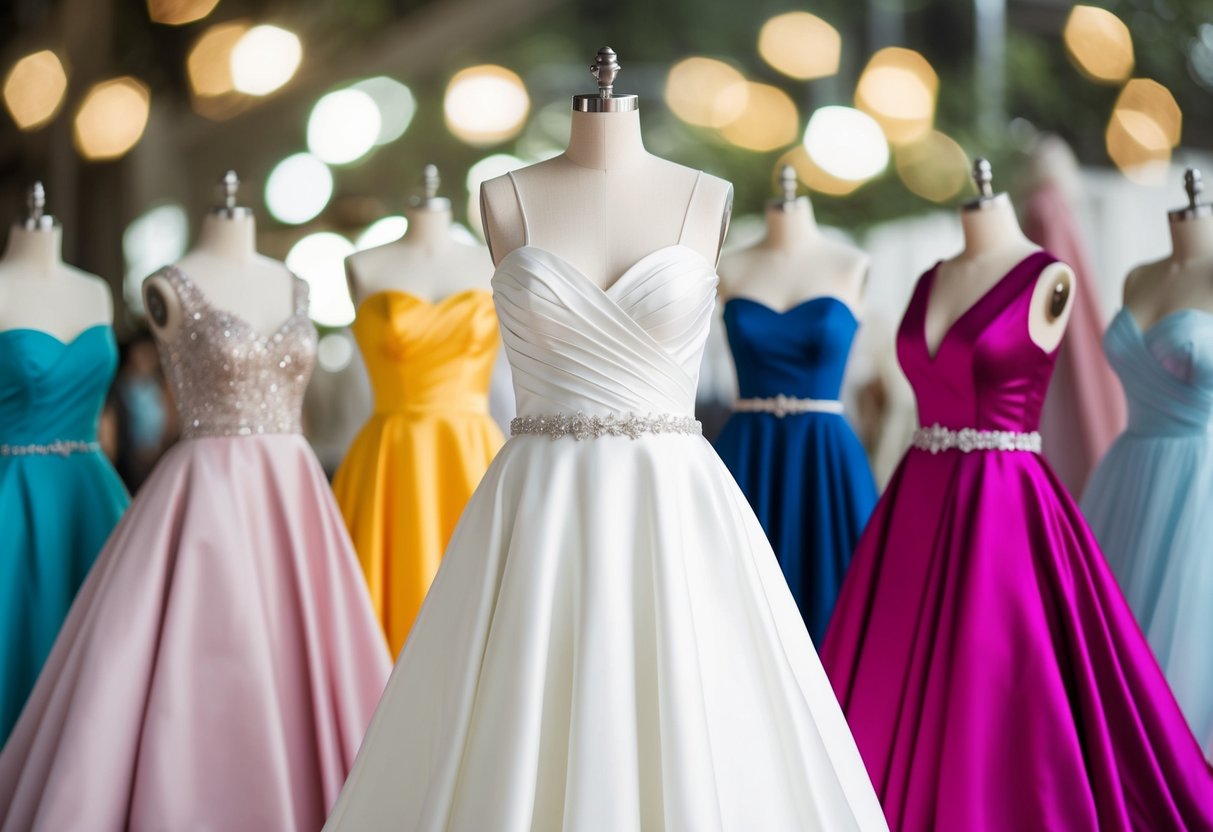 A white dress surrounded by colorful gowns, symbolizing the question of who can wear white at a wedding