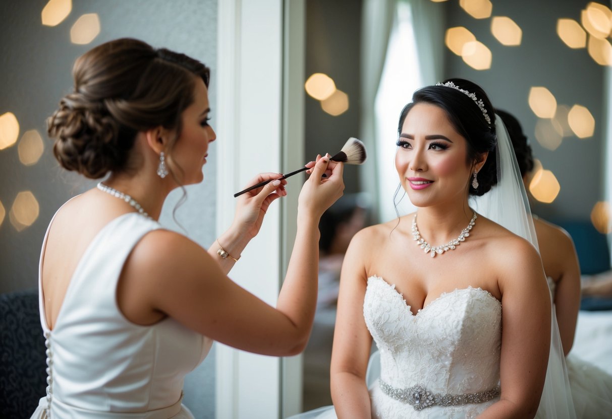 A bride sits in front of a mirror, wearing a white gown. A makeup artist applies traditional bridal makeup, emphasizing natural beauty