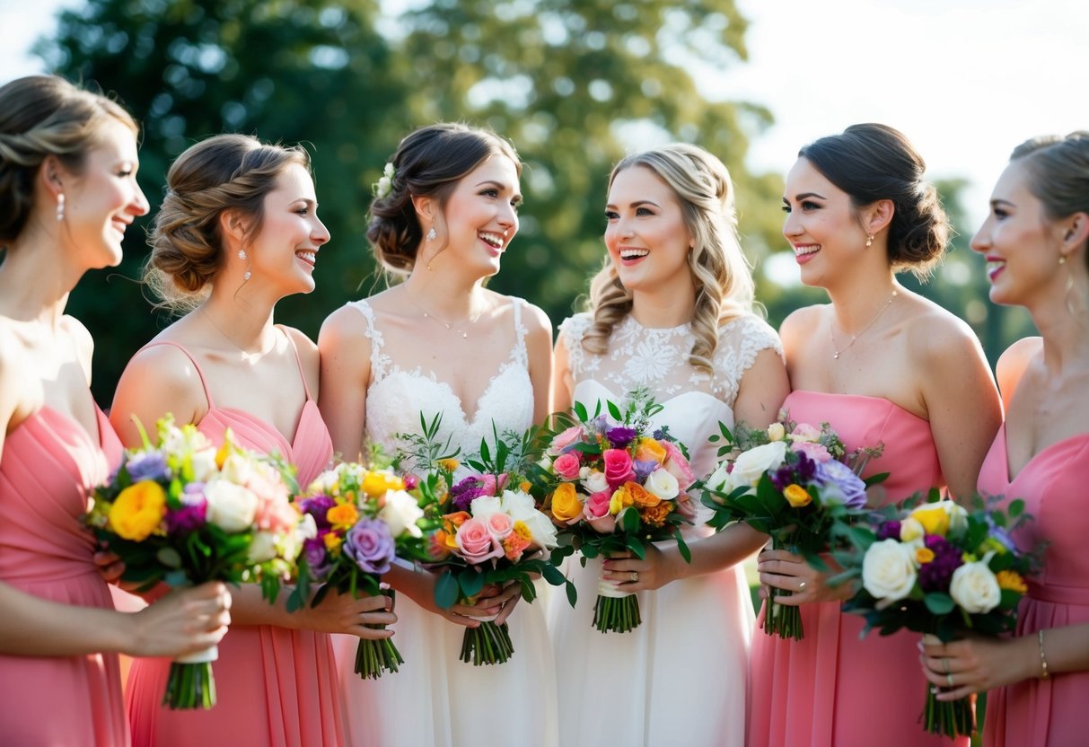 A group of bridesmaids happily chatting while holding colorful bouquets