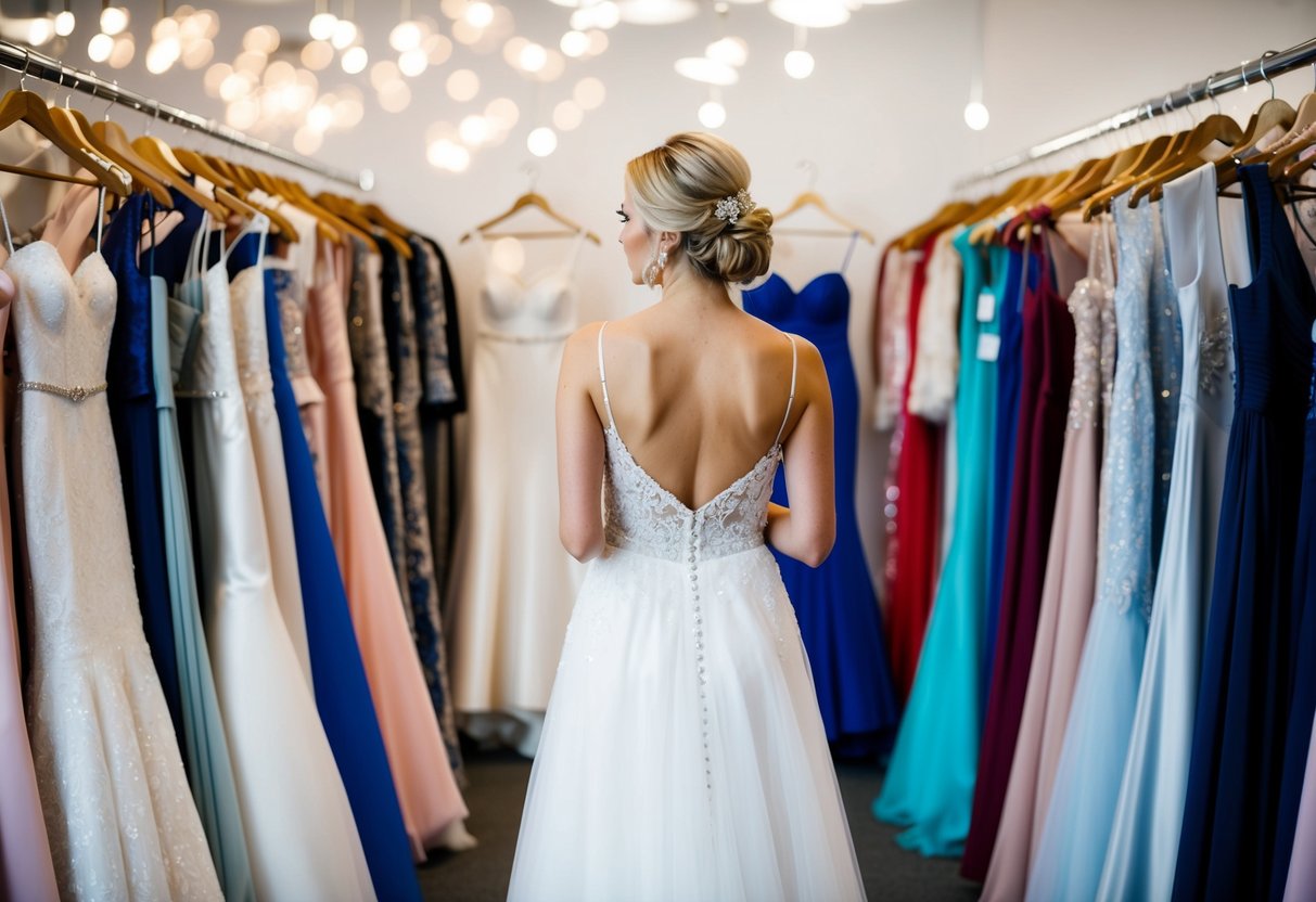 A bride-to-be browsing through a selection of wedding dresses in a boutique, surrounded by racks of gowns in various styles and colors
