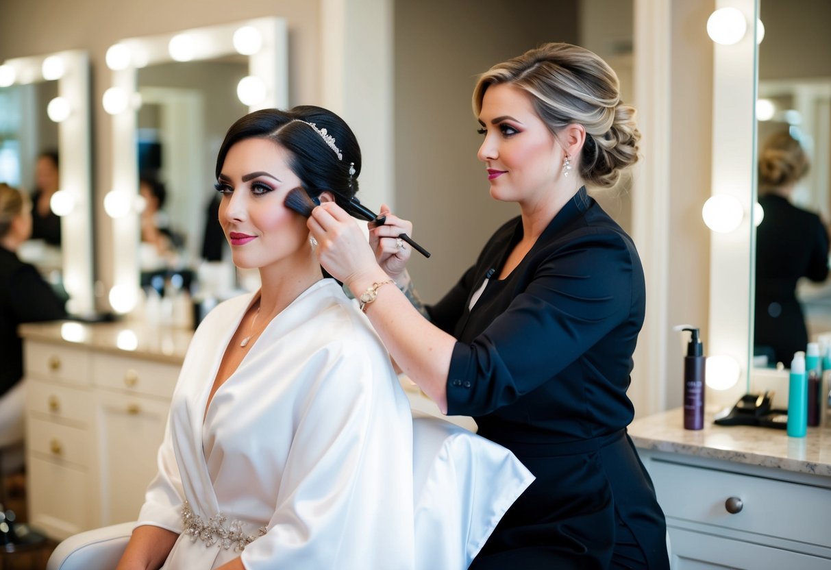 A bride sits in a chair while a makeup artist applies makeup and a hairstylist works on her hair in a well-lit, elegant salon
