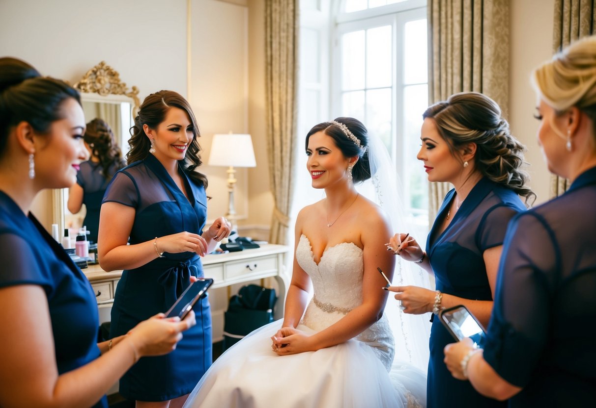 A bride seated in a well-lit, elegant room, surrounded by hairstylists and makeup artists, discussing options and looking at a mirror