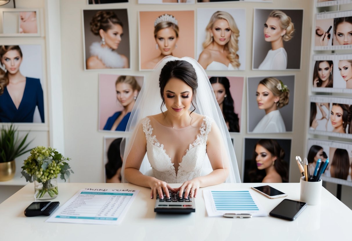 A bride sits at a desk with a calculator and budget spreadsheet, surrounded by images of hairstyles and makeup looks