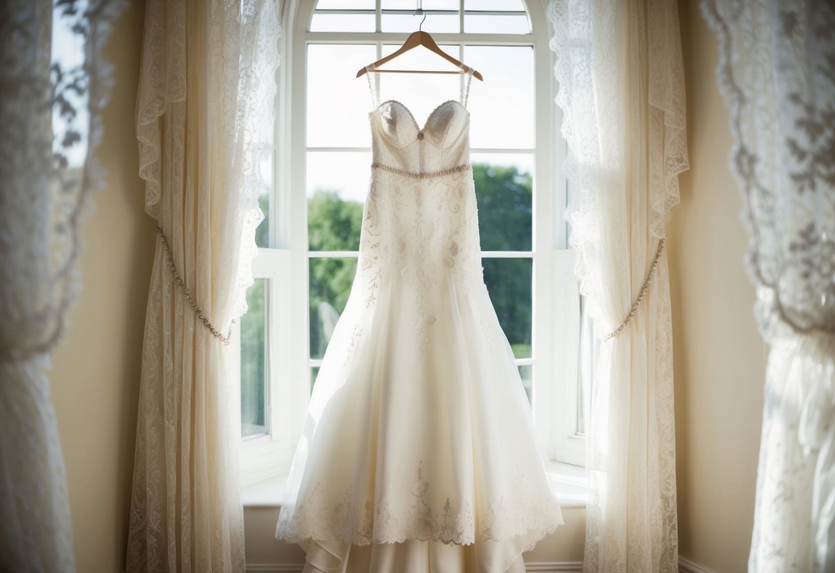 A wedding dress hanging in a sunlit room, surrounded by delicate lace and intricate beading