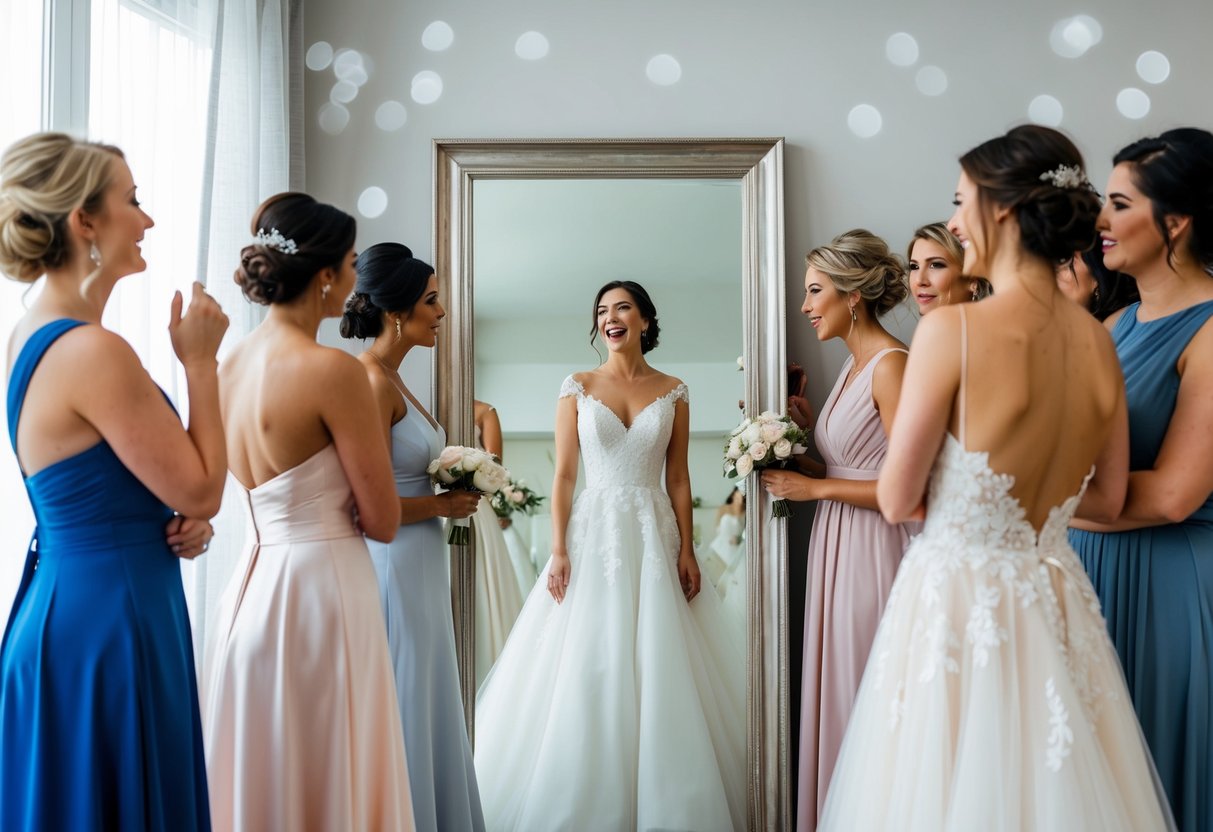 A bride-to-be standing in front of a mirror, surrounded by various wedding dress options, contemplating her choice with a mix of excitement and uncertainty