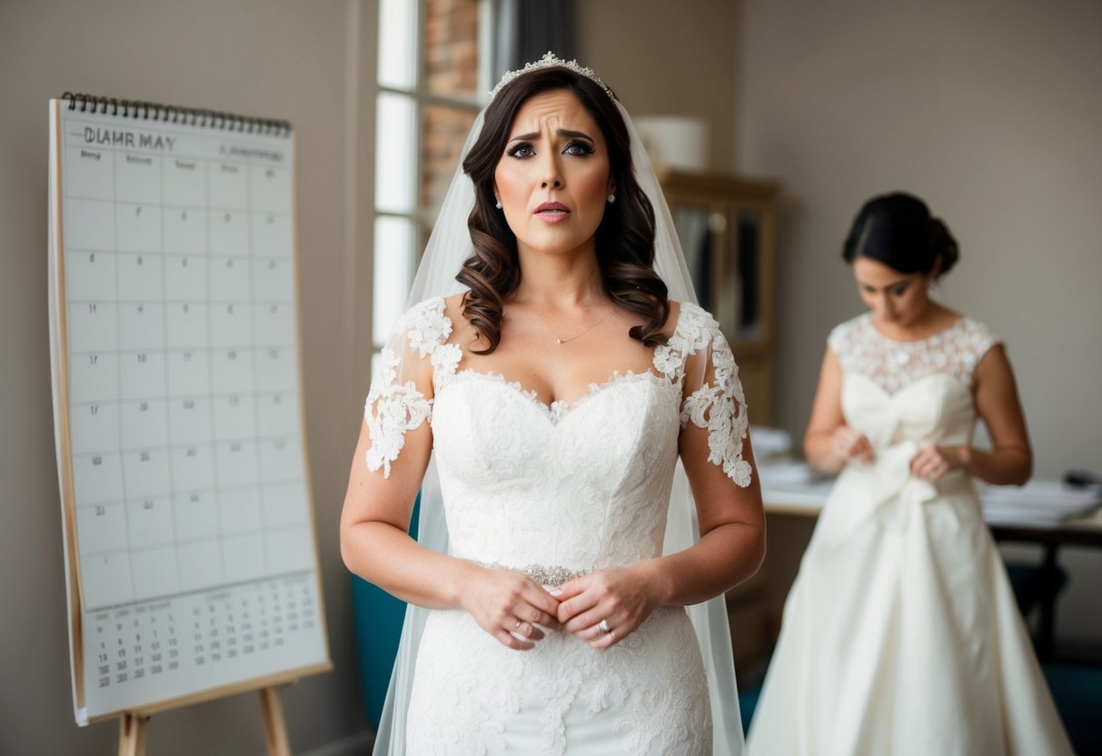 A bride stands in front of a calendar, looking stressed. A torn wedding dress hangs in the background, while a seamstress works on alterations