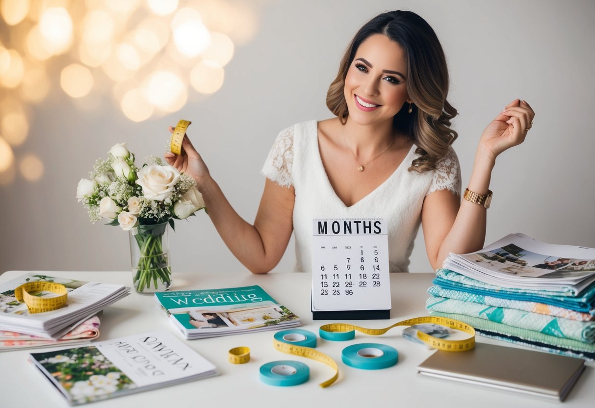 A woman surrounded by wedding magazines, measuring tape, and fabric swatches, with a calendar showing only 7 months until her wedding day