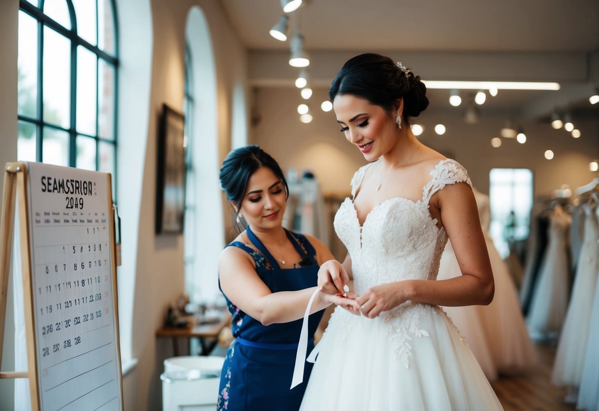 A wedding dress shop with a calendar showing the current date and a seamstress making alterations on a dress