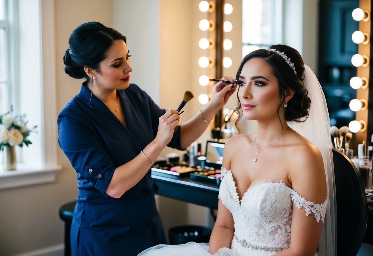 A bride sits in a chair, surrounded by makeup and brushes. A makeup artist stands nearby, applying finishing touches to her face