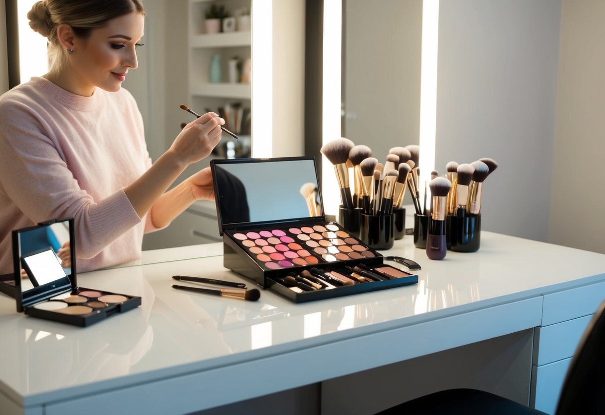 A makeup artist carefully selects and arranges a palette of soft, romantic colors, brushes, and tools on a clean, well-lit vanity