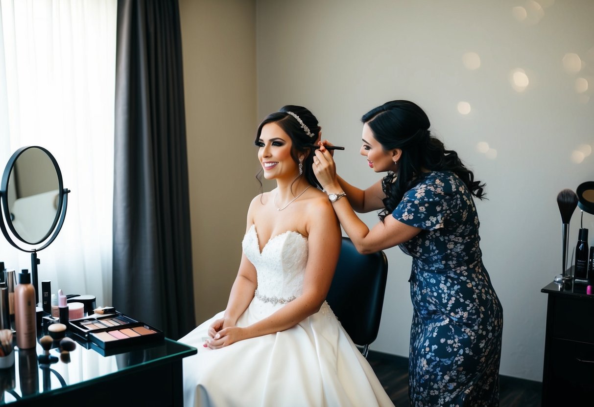 A bride sitting in a chair, surrounded by makeup and hair products, with a makeup artist applying the finishing touches before the big day