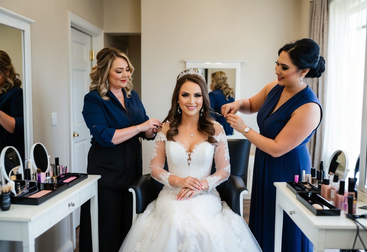 A bride sits in a chair, surrounded by mirrors and cosmetics. A hairstylist and makeup artist work diligently to create her perfect bridal look