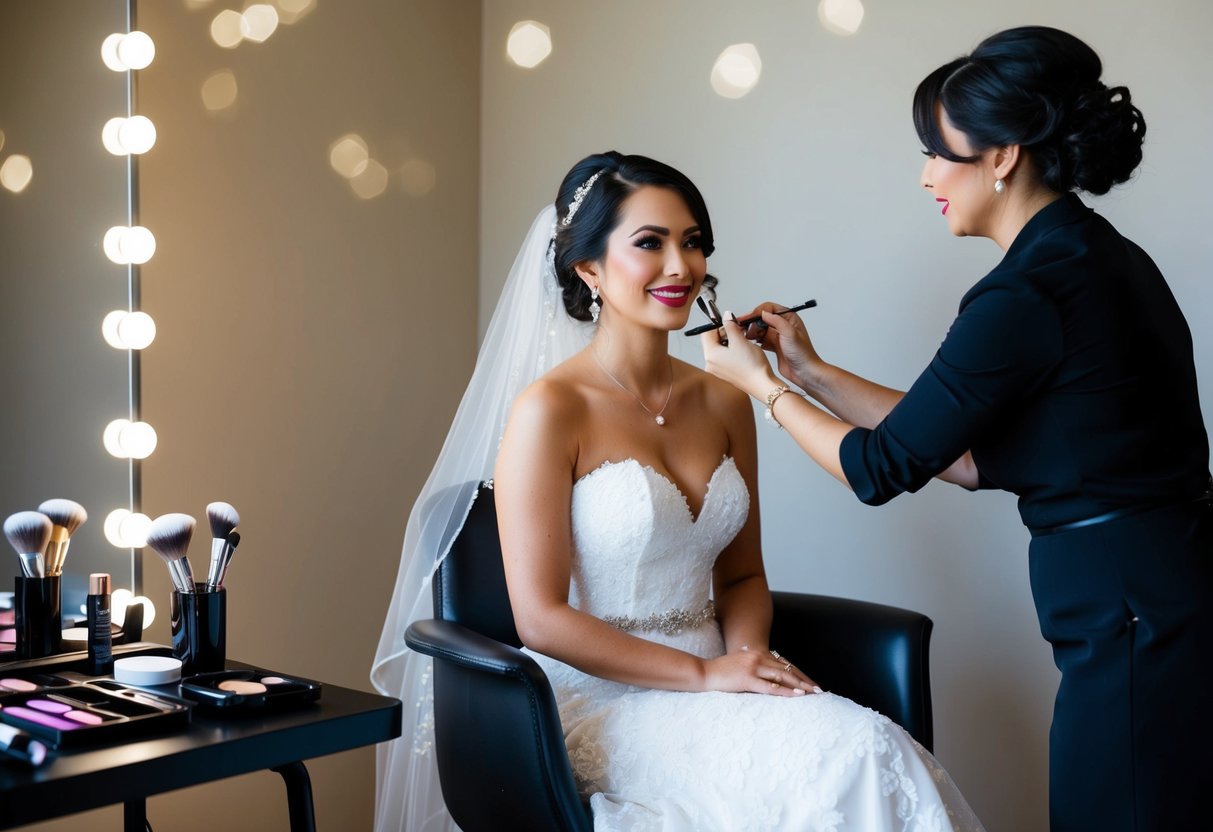 A bride sitting in a chair, surrounded by makeup tools and products, while a makeup artist applies the finishing touches to her look