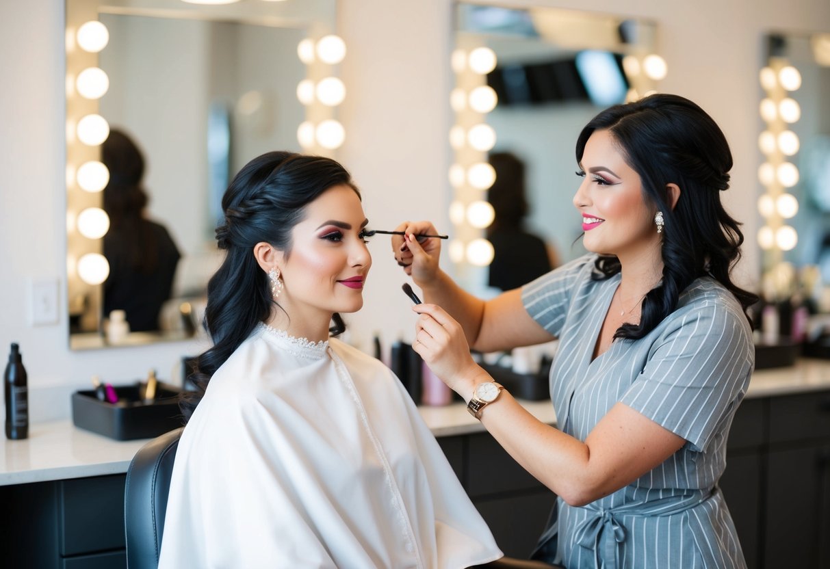 A bride sits in a chair as a stylist applies makeup and styles her hair in a well-lit salon