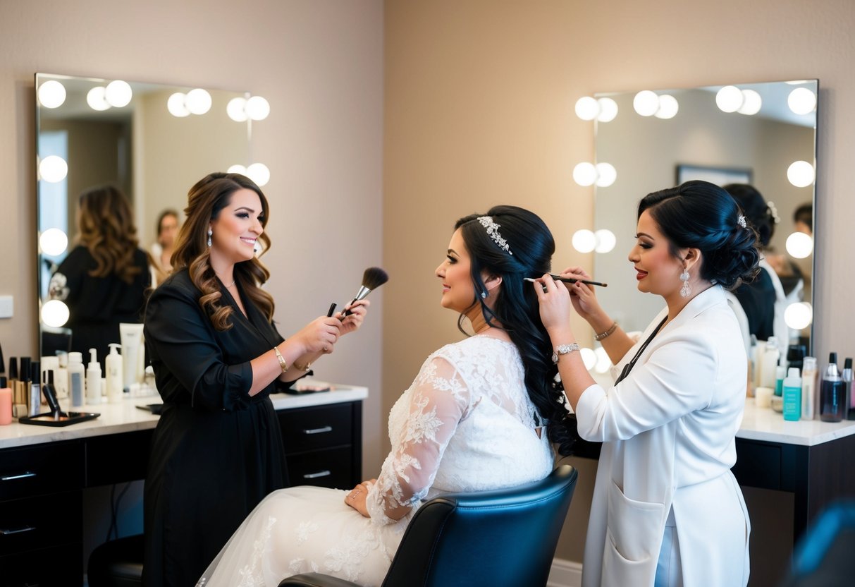 A bride sitting in a chair with a hairstylist and makeup artist working on her, surrounded by mirrors and beauty products