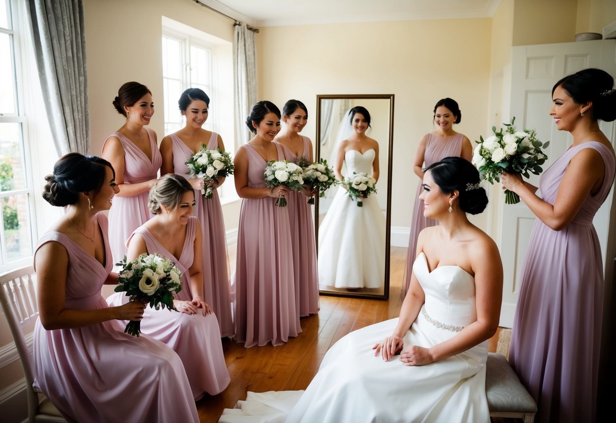 Bridesmaids gather in a sunlit room, arranging bouquets and adjusting dresses, while the bride sits calmly in front of a mirror, her gown hanging nearby