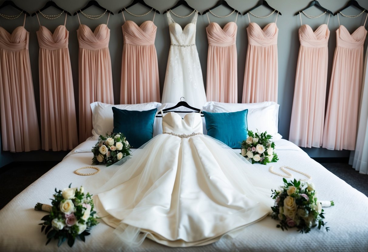 The bride's dress and veil laid out on a bed, surrounded by bouquets and jewelry, while the bridesmaids' dresses hang neatly in a row