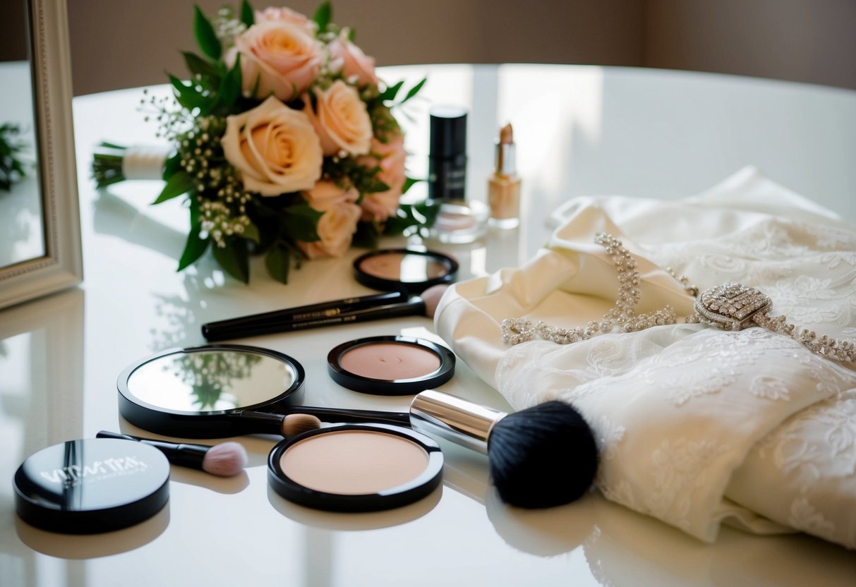 A wedding dress and makeup scattered on a table, with a mirror and a bouquet nearby