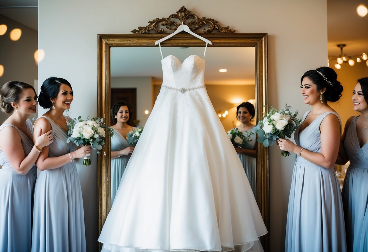 Bride's gown hung on a vintage mirror, surrounded by bridesmaids' dresses and accessories