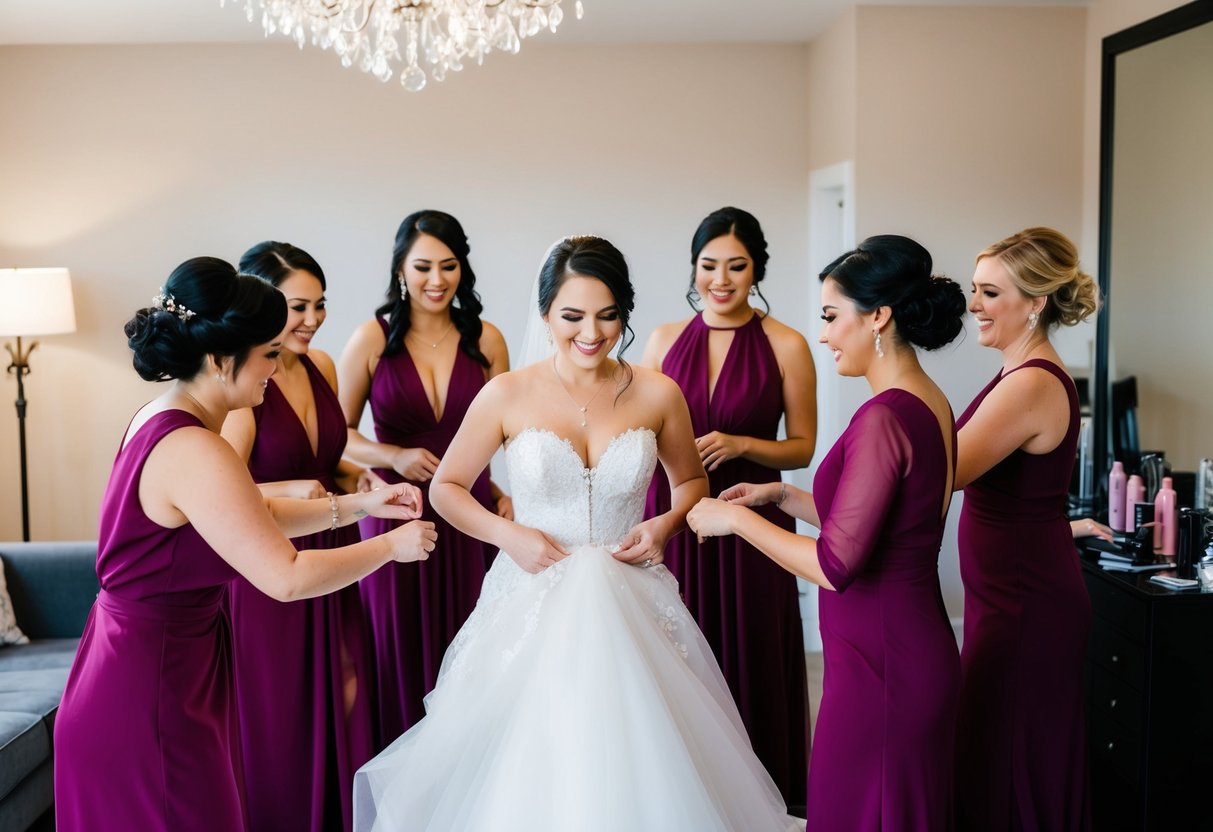 Bridesmaids bustling around, helping bride into gown, while hairstylist and makeup artist work simultaneously
