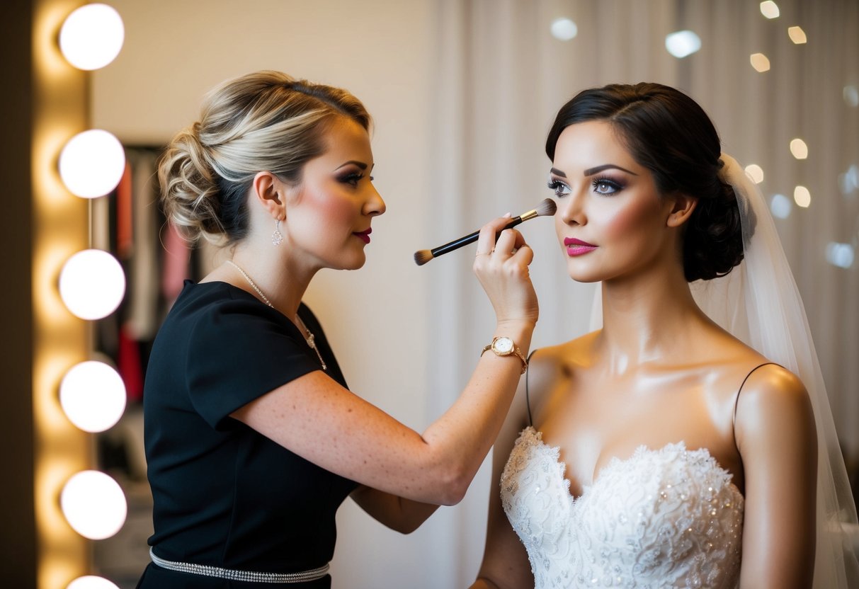 A makeup artist applies makeup to a wedding dress on a mannequin