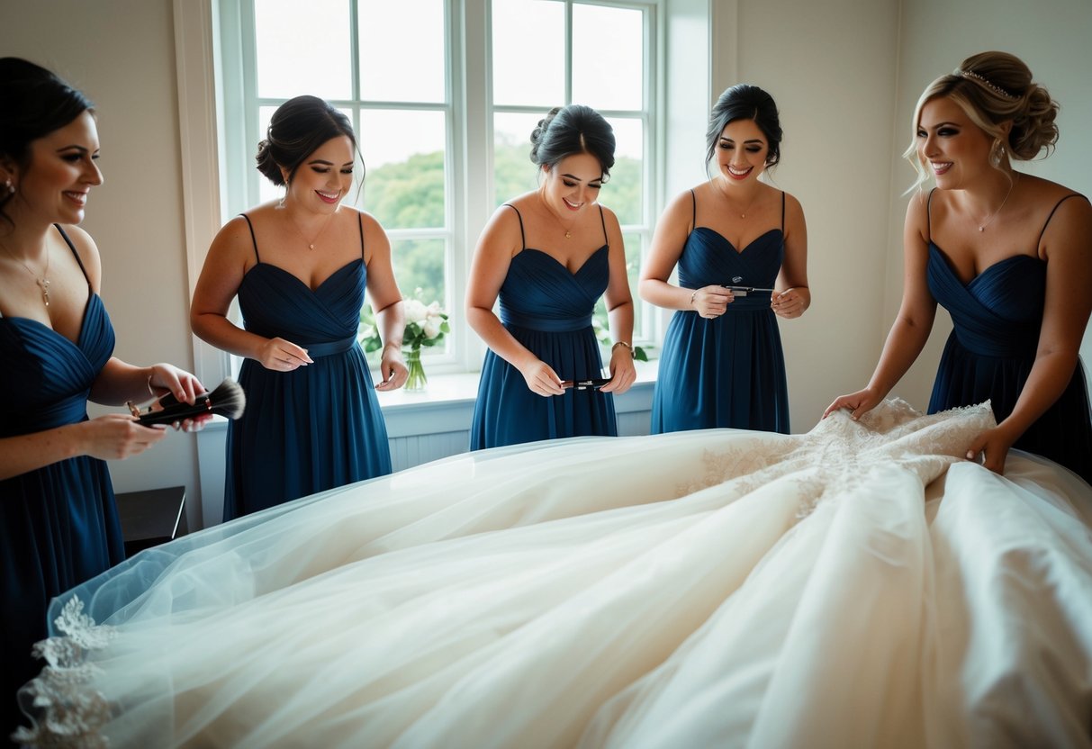 Bride's gown laid out, bridesmaids bustling with makeup and hair, morning light streaming through the window