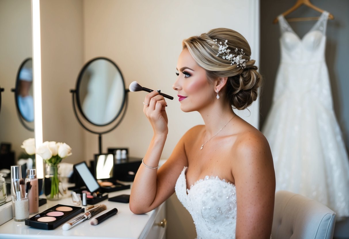 A bride sits at a vanity, applying makeup. Her hair is styled in an elegant updo, adorned with delicate flowers. A wedding dress hangs nearby, waiting to be worn