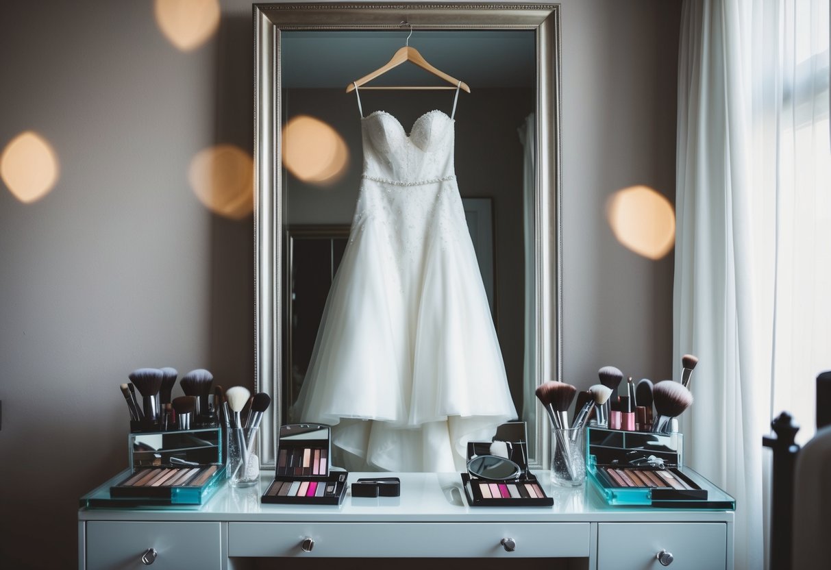 A wedding dress hangs on a hanger, surrounded by makeup and brushes on a vanity table